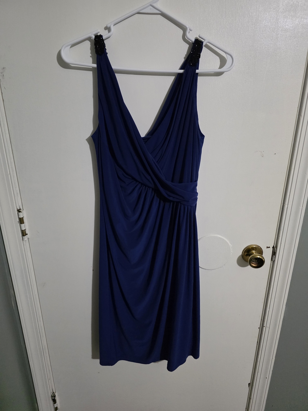 American Living Royal Blue Draped V-Neck Midi Dress with Beaded Straps